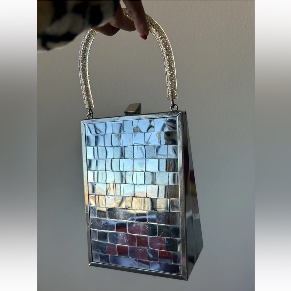 1950s Vintage Dorset Rex Lattice Chrome Box Bag With Confetti Lucite Handle - Picture 15 of 15